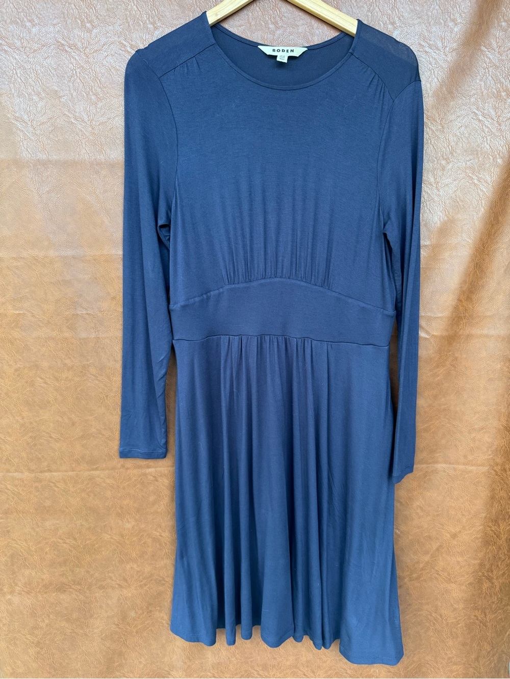 Boden Navy Jersey Midi Dress Empire Waist Long Sleeve Stretch US 10R
